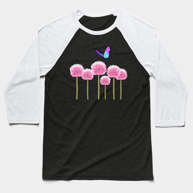 Butterfly flying over allium flowers Baseball T-Shirt by Orangerinka